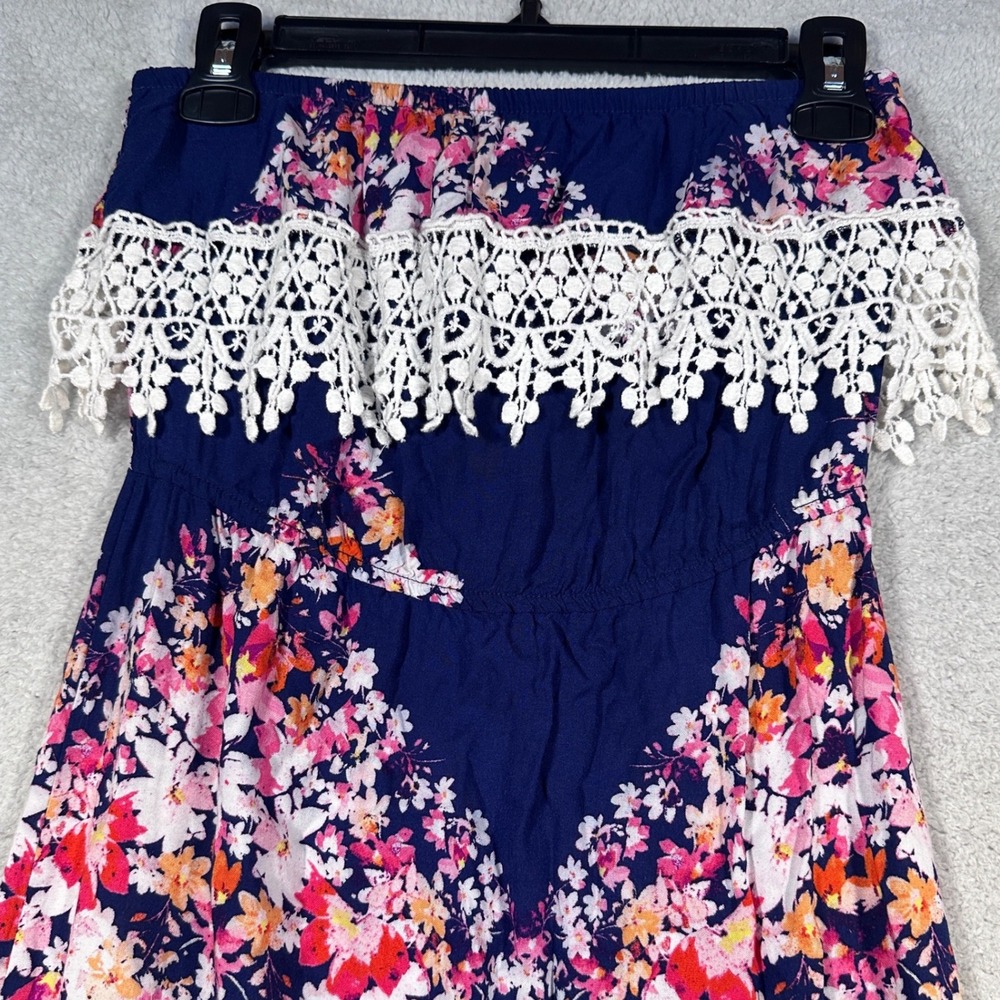 Trixxi Strapless‎ Maxi Dress Women's Small Floral Print Crochet Trim Boho Chic - Picture 2 of 8